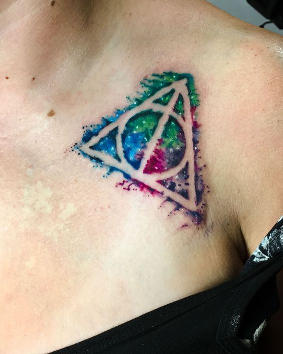 Watercolor chest Deathly Hallows tattoos with a pop of colors 8