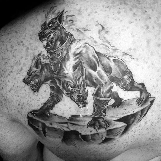 Detailed back Cerberus tattoo artwork capturing the essence of protection and loyalty.