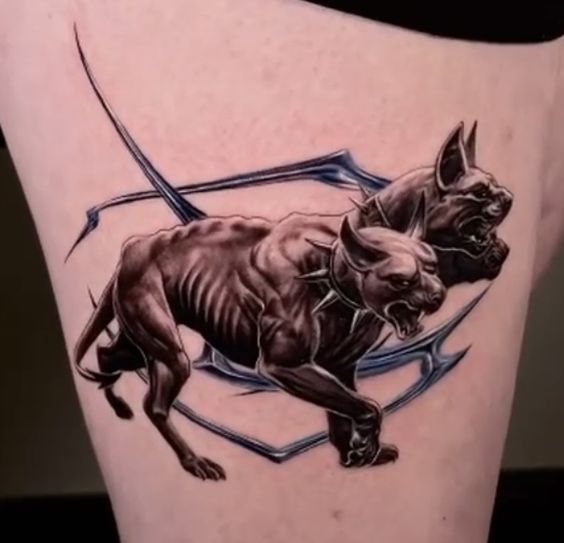 Thigh Cerberus tattoo design, symbolizing the simplicity and directness of the guardian's role.
