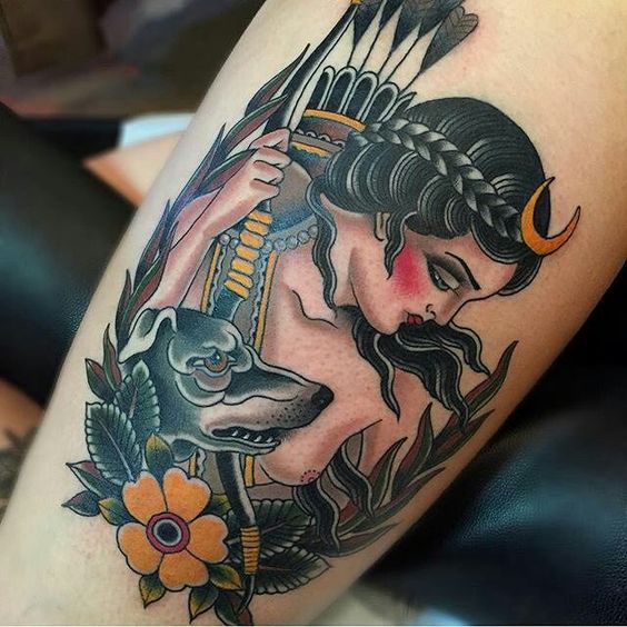 Artemis traditional tattoo: A tribute to the Greek goddess of the hunt
