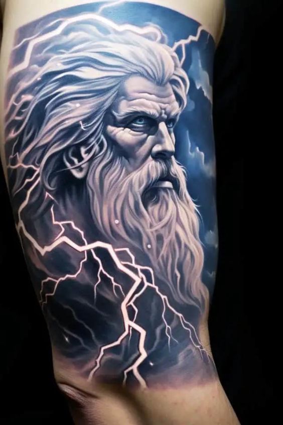 Stylized lightning tattoo artwork, emphasizing the transformative power and unpredictability of lightning with Zeus on bicep.