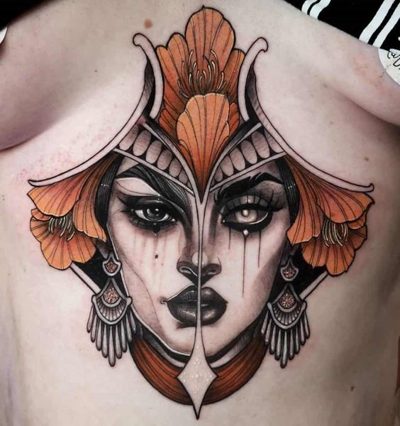 chest neo traditional tattoo for woman 2