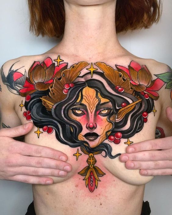chest neo traditional tattoo for woman