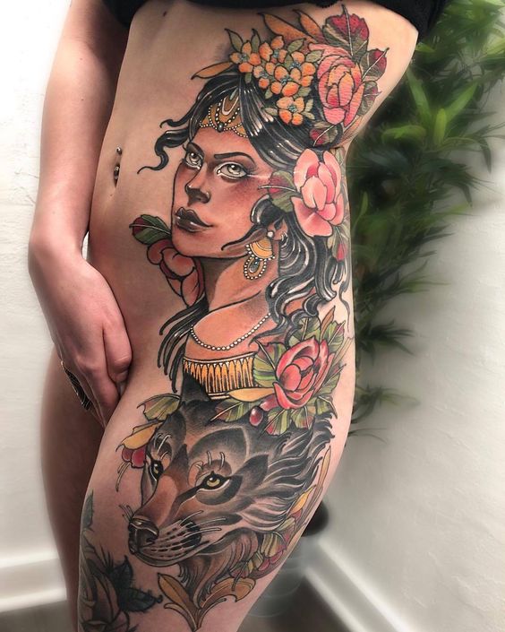 side neo traditional tattoo for woman